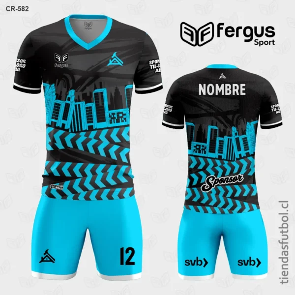 Camisetas de Futbol Negro con celeste Construccion