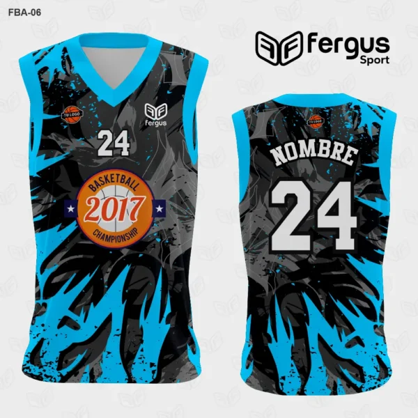 Camiseta de Basquetbol Flamas celeste y Negro