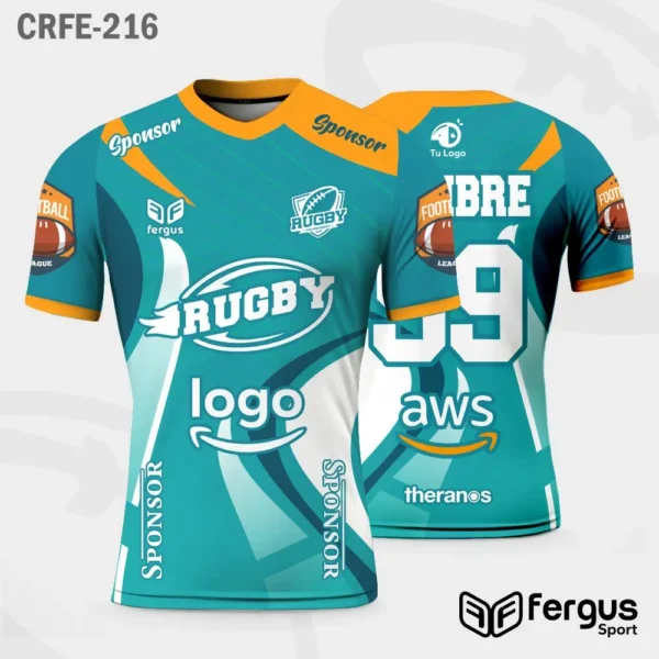 Camisetas de Rugby Turquesa ribetes naranjas