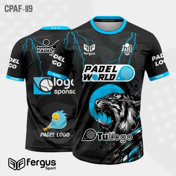 Camisetas de Padel Negro ribetes celestes