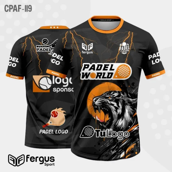 Camisetas de Padel Negro ribetes naranjas