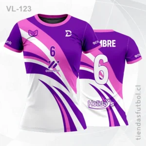 Poleras de Voleibol femenino morado con rosado y blanco personalizadas en chile
