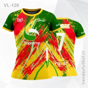 Poleras de Voleibol para damas verde con amarillo y rojo personalizadas en chile